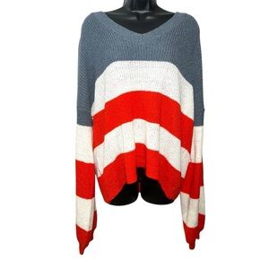 Oversized Blue Orange & White Striped Color-block V-neck Knit Sweater